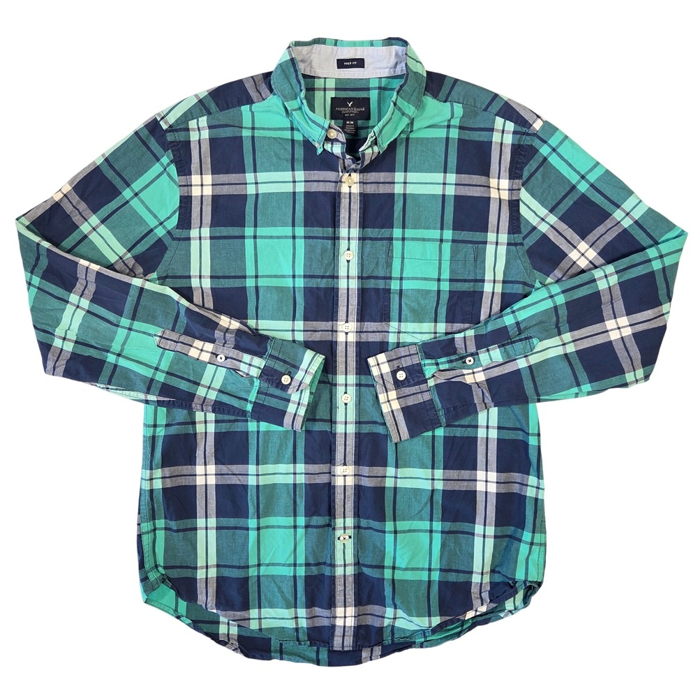 American Eagle Mens Prep Fit Plaid Button Down Shirt Teal Blue M Y2k 2000s